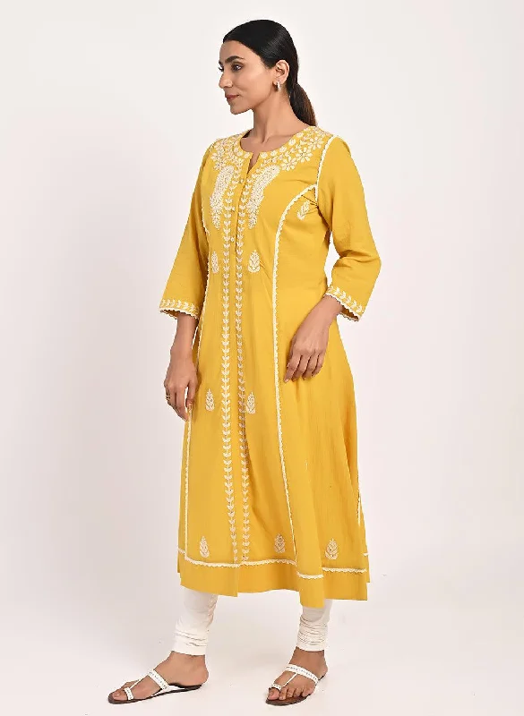 Yellow Round-neck Embroidered Straight Kurta for Women