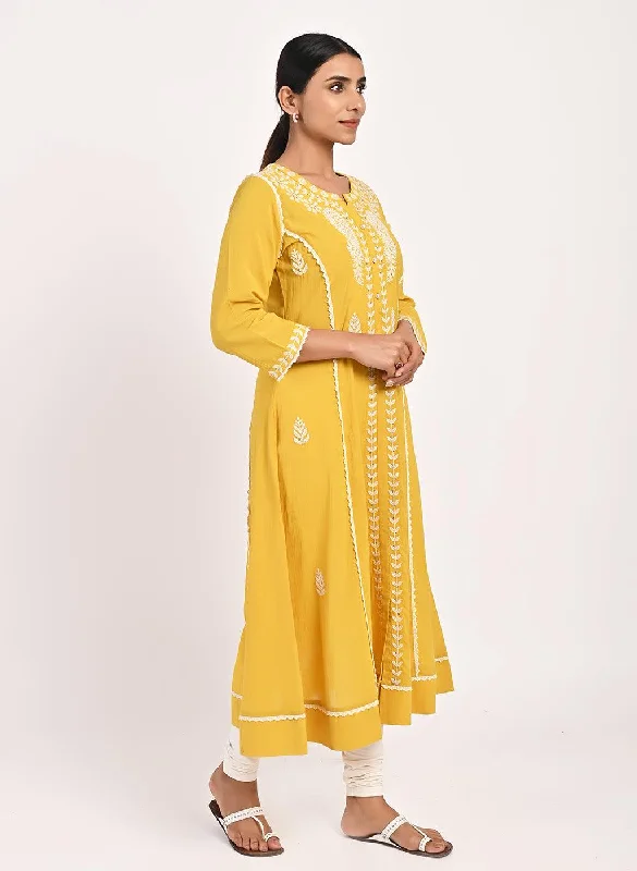 Yellow Round-neck Embroidered Straight Kurta for Women