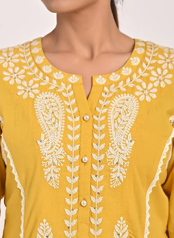 Yellow Round-neck Embroidered Straight Kurta for Women