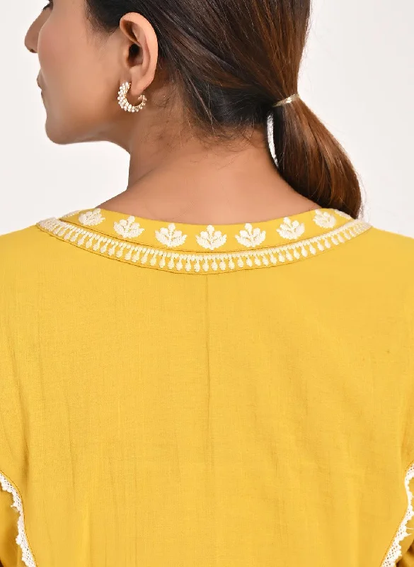 Yellow Round-neck Embroidered Straight Kurta for Women