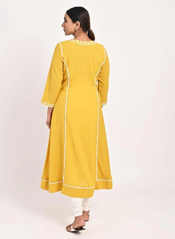 Yellow Round-neck Embroidered Straight Kurta for Women