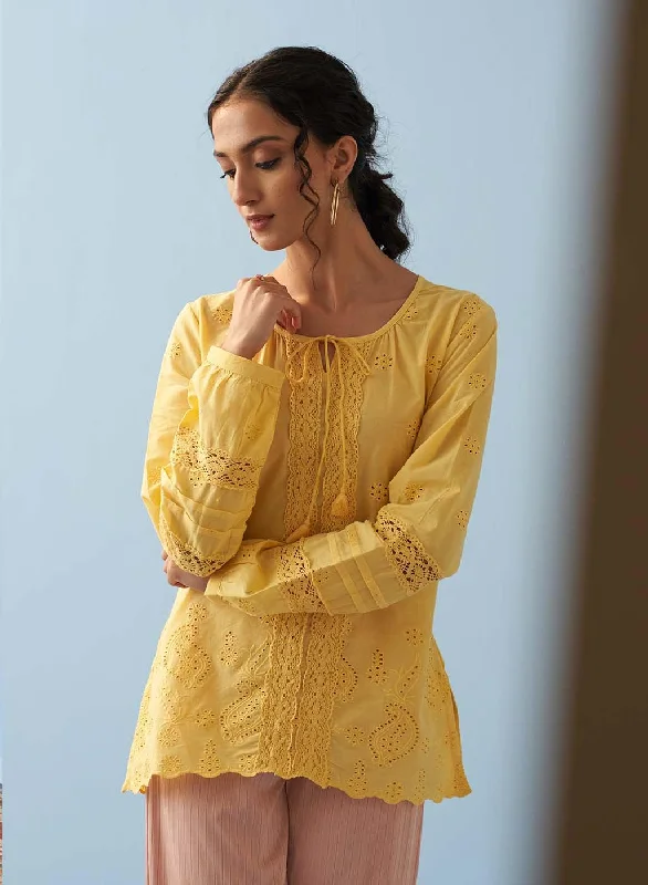 Yellow Schiffli Embroidered Tunic with Lace Insert