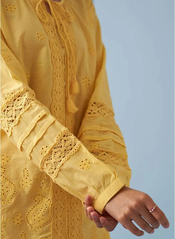 Yellow Schiffli Embroidered Tunic with Lace Insert