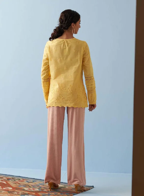 Yellow Schiffli Embroidered Tunic with Lace Insert