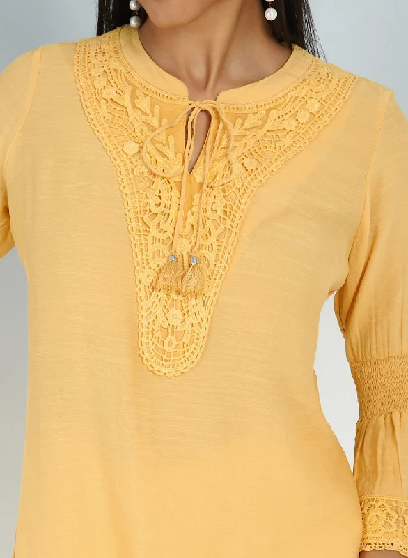 Yellow Solid Tunic with Keyhole Neck and Bell Sleeves