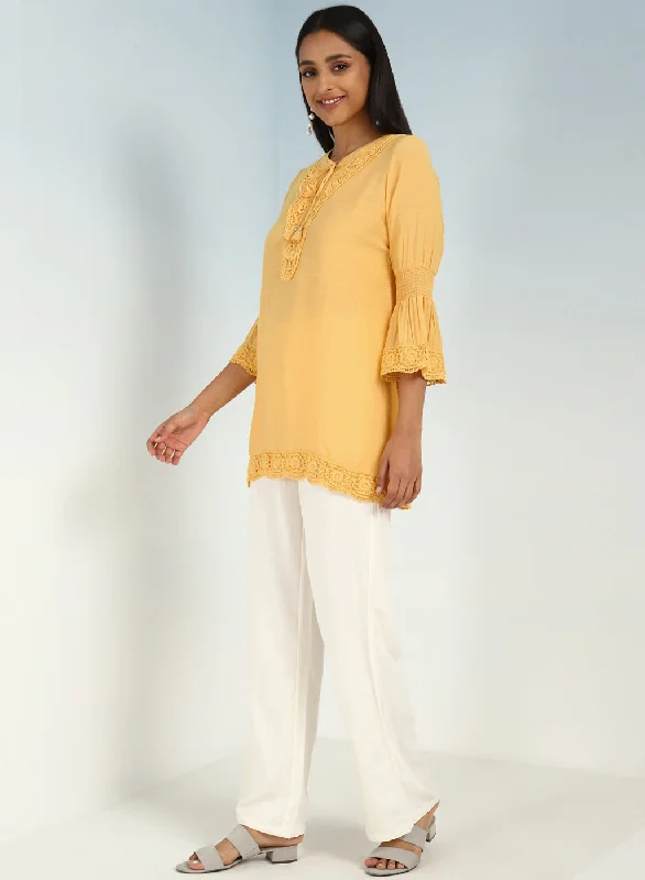 Yellow Solid Tunic with Keyhole Neck and Bell Sleeves