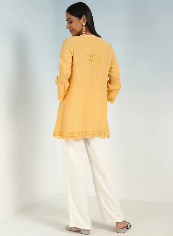 Yellow Solid Tunic with Keyhole Neck and Bell Sleeves