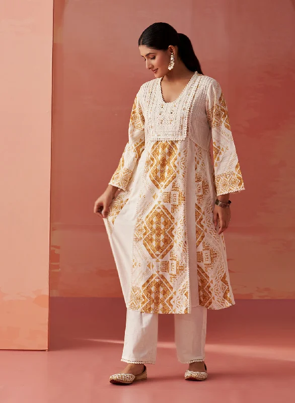 Zubia Mustard Printed khadi Cotton Co-ord Set