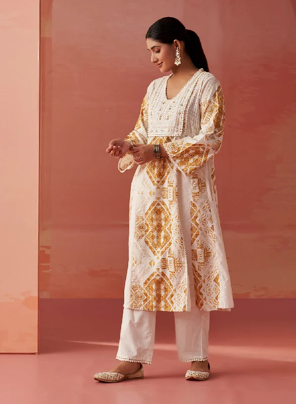 Zubia Mustard Printed khadi Cotton Co-ord Set