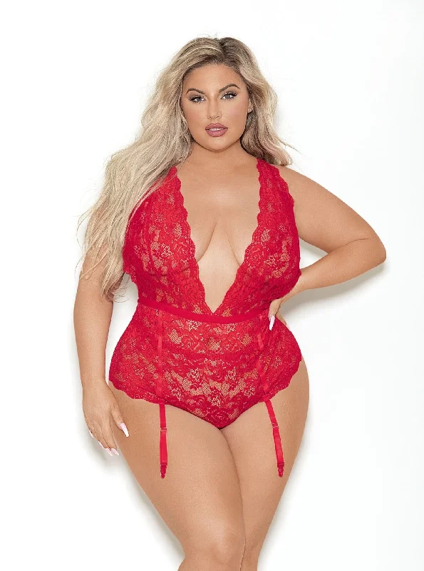 Escante Queen Euphoria Deep V Lace Teddiette Teddy w/Open Crotch Red