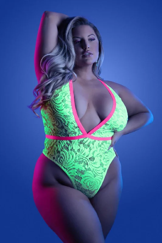 Fantasy Queen Glow Black Light Spotlight Lace Teddy Neon Green