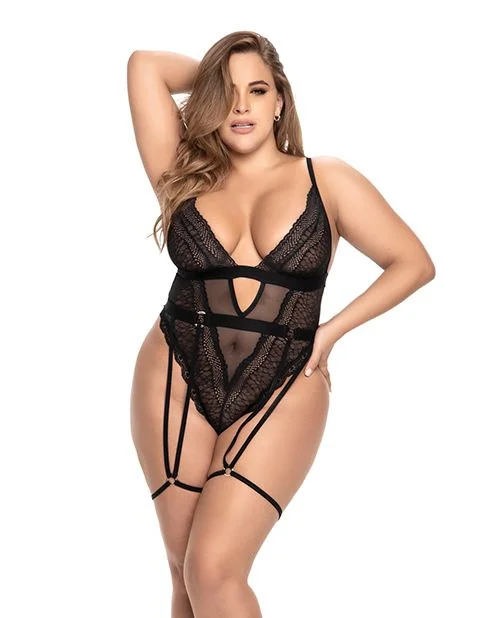 Mapale Lingerie Plus Sheer Mesh & Animal Pattern Lace Teddy Black