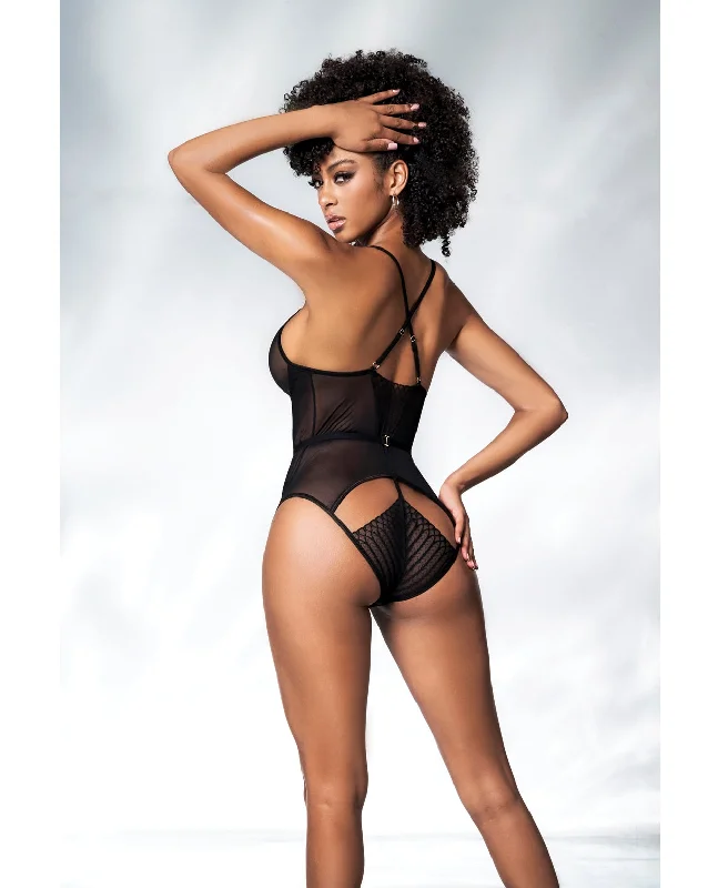 Mapale Mesh Cut Out Strappy Bodysuit Black