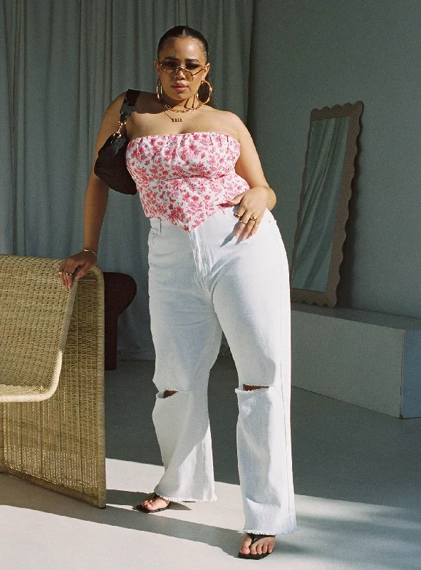 Cece Hammer Wide Leg Knee Rip Jeans White Denim Curve