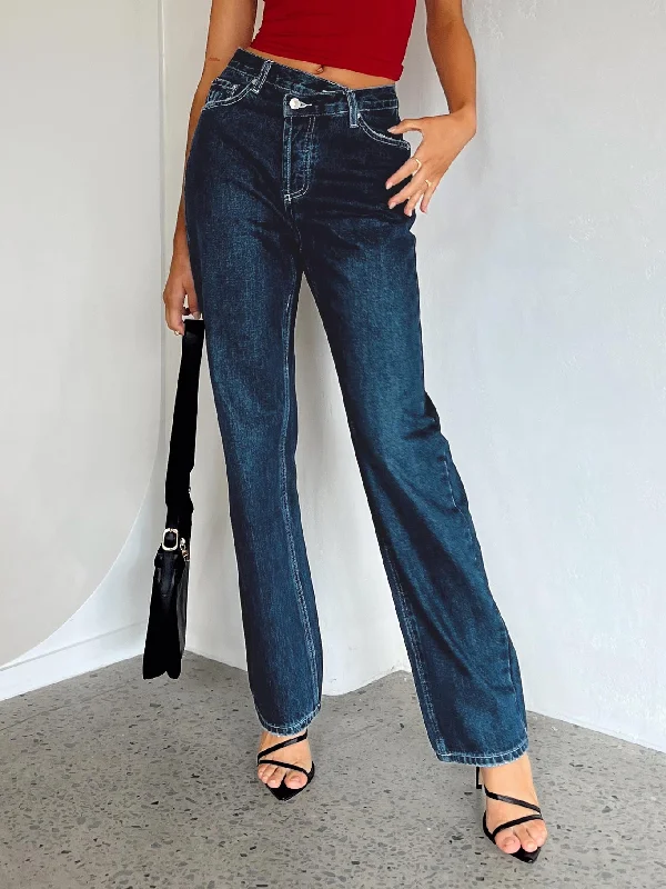 Holly Asymmetric Straight Leg Jean Dark Wash Denim