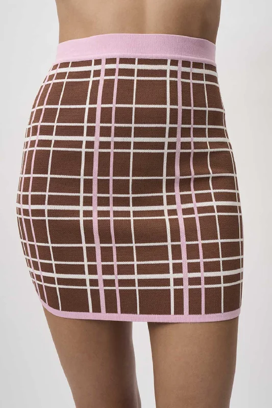 Carolina Check Knit Mini Skirt - Brown Pink