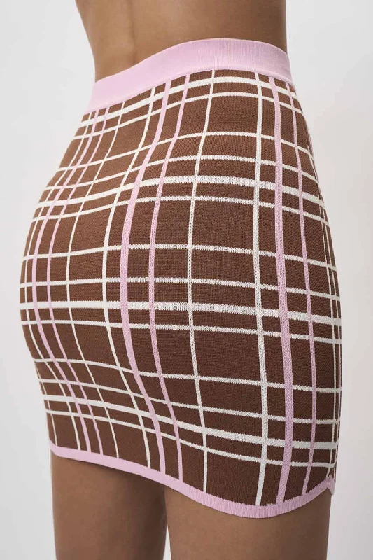 Carolina Check Knit Mini Skirt - Brown Pink