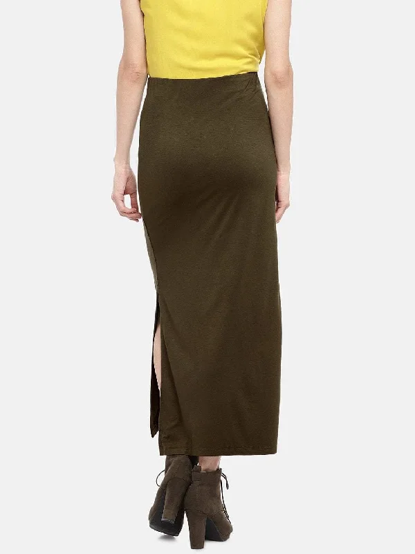 Womens Olive Viscose Elastane Skirt