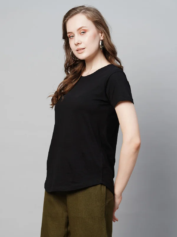 Women's Black Cotton Regular Fit Tshirt