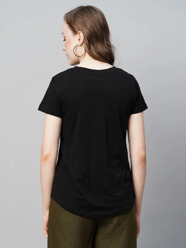 Women's Black Cotton Regular Fit Tshirt