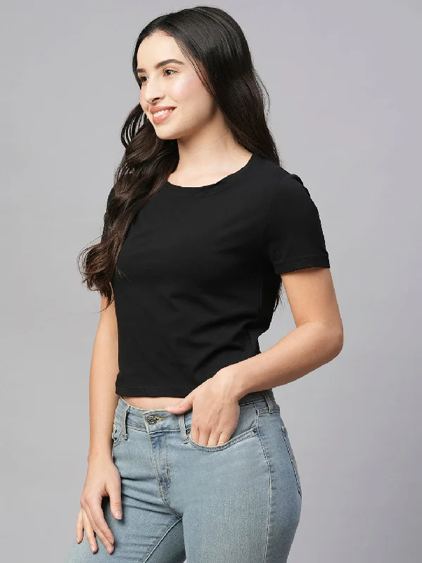 Women's Black Cotton Elastane Regular Fit Tshirt