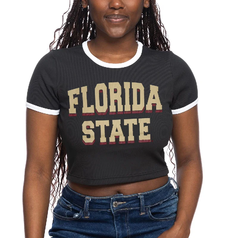 ZooZatz Women's Florida State Short Sleeve Crop Ringer Baby T-shirt - Black