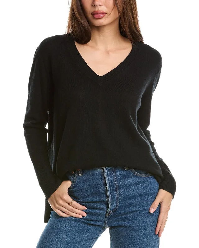 Forte Cashmere High-Low Seamed V-Neck Cashmere Sweater