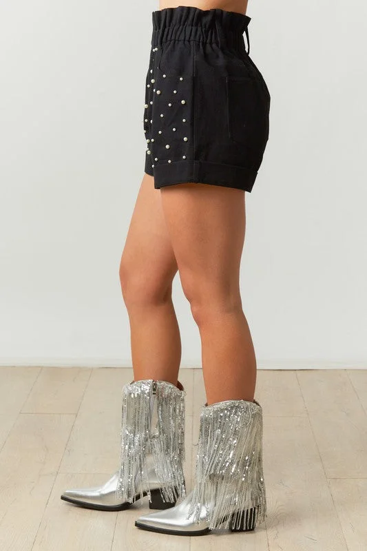 Pearl Beaded Black Twill Shorts