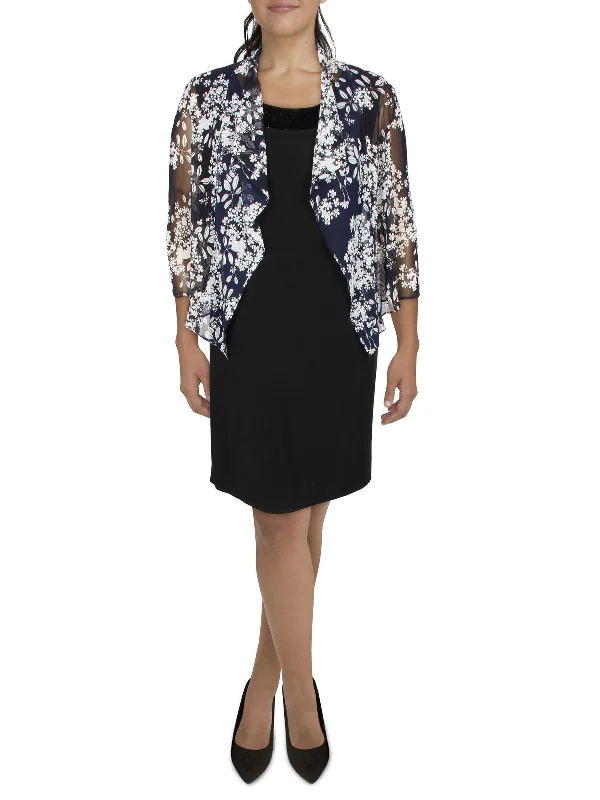 Petites Womens Mesh Printed Collarless Blazer