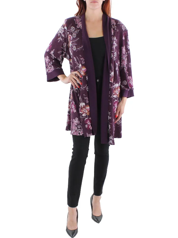 Plus Womens Knit Floral Duster Blazer