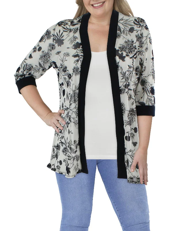 Plus Womens Mesh Printed Duster Blazer