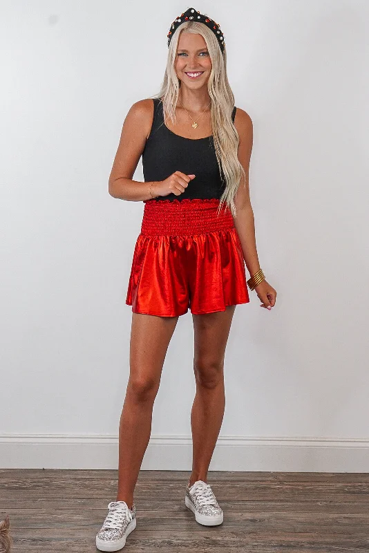 Shimmering Statement Red Metallic Shorts