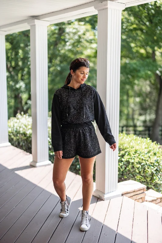 Rhinestone Glam Black Knit Shorts