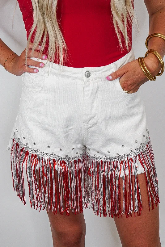 Sequin Fringe White Rhinestone Shorts