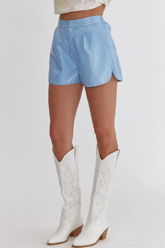 Shimmering Style Blue Leather Shorts