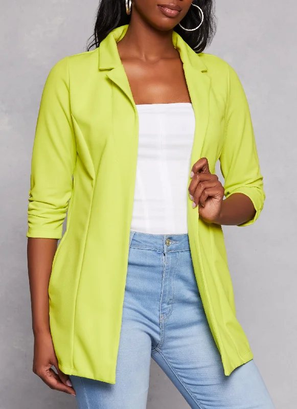 Solid Open Front Ruched Sleeve Blazer