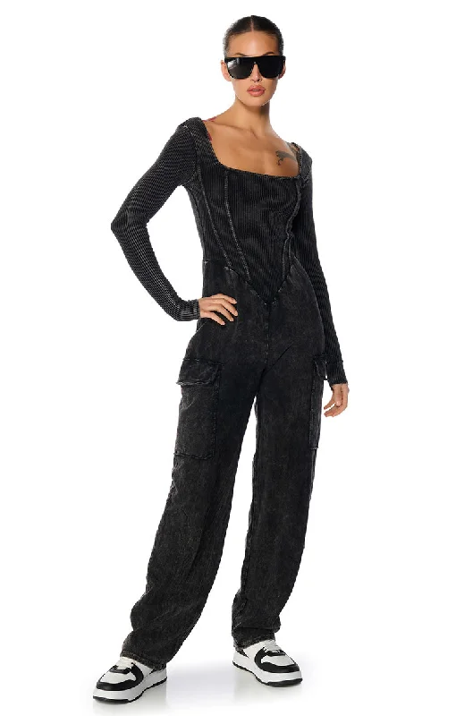 MILLIE MINERAL WASH CARGO JUMPSUIT IN BLACK