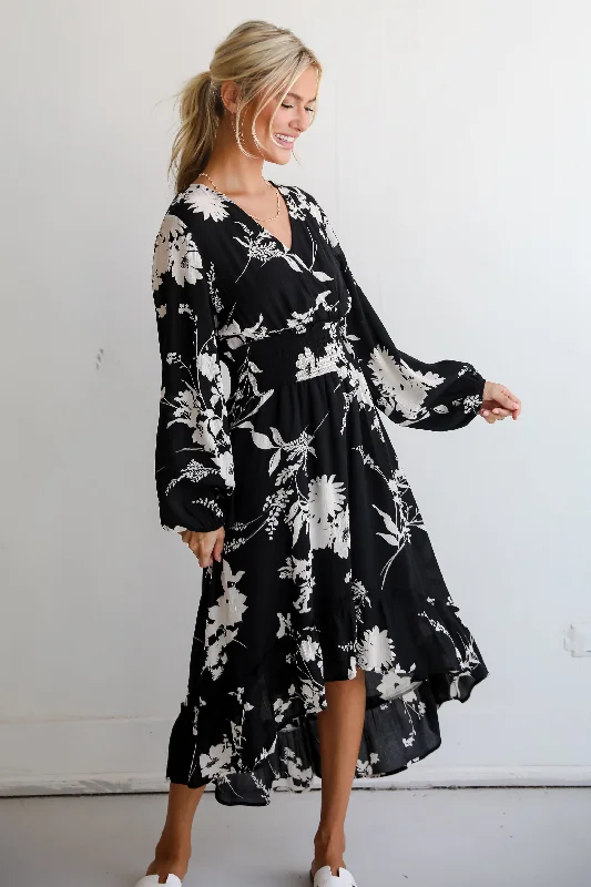 Precious Whimsy Black Floral Midi Dress