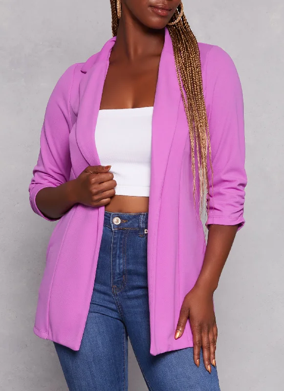 Solid Open Front Ruched Sleeve Blazer