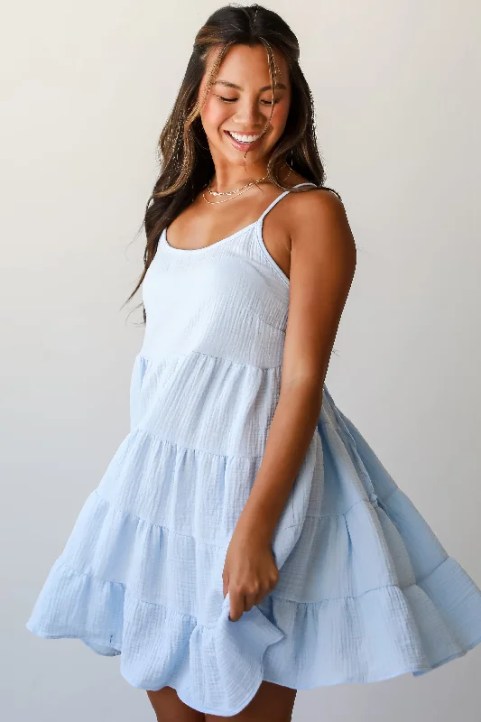 FINAL SALE - Sweetest Impact Light Blue Linen Tiered Mini Dress