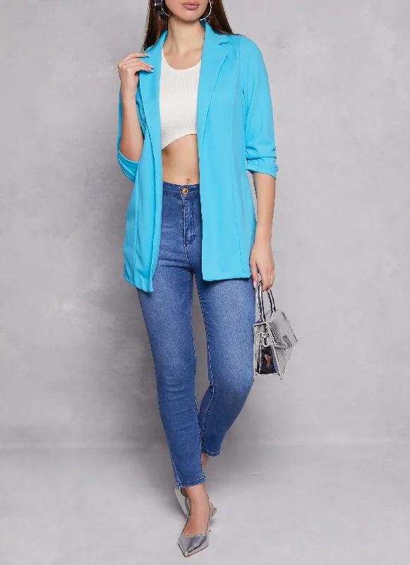 Solid Open Front Ruched Sleeve Blazer