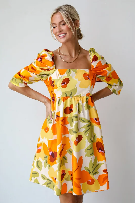 FINAL SALE - Unique Blooms Orange Floral Babydoll Mini Dress